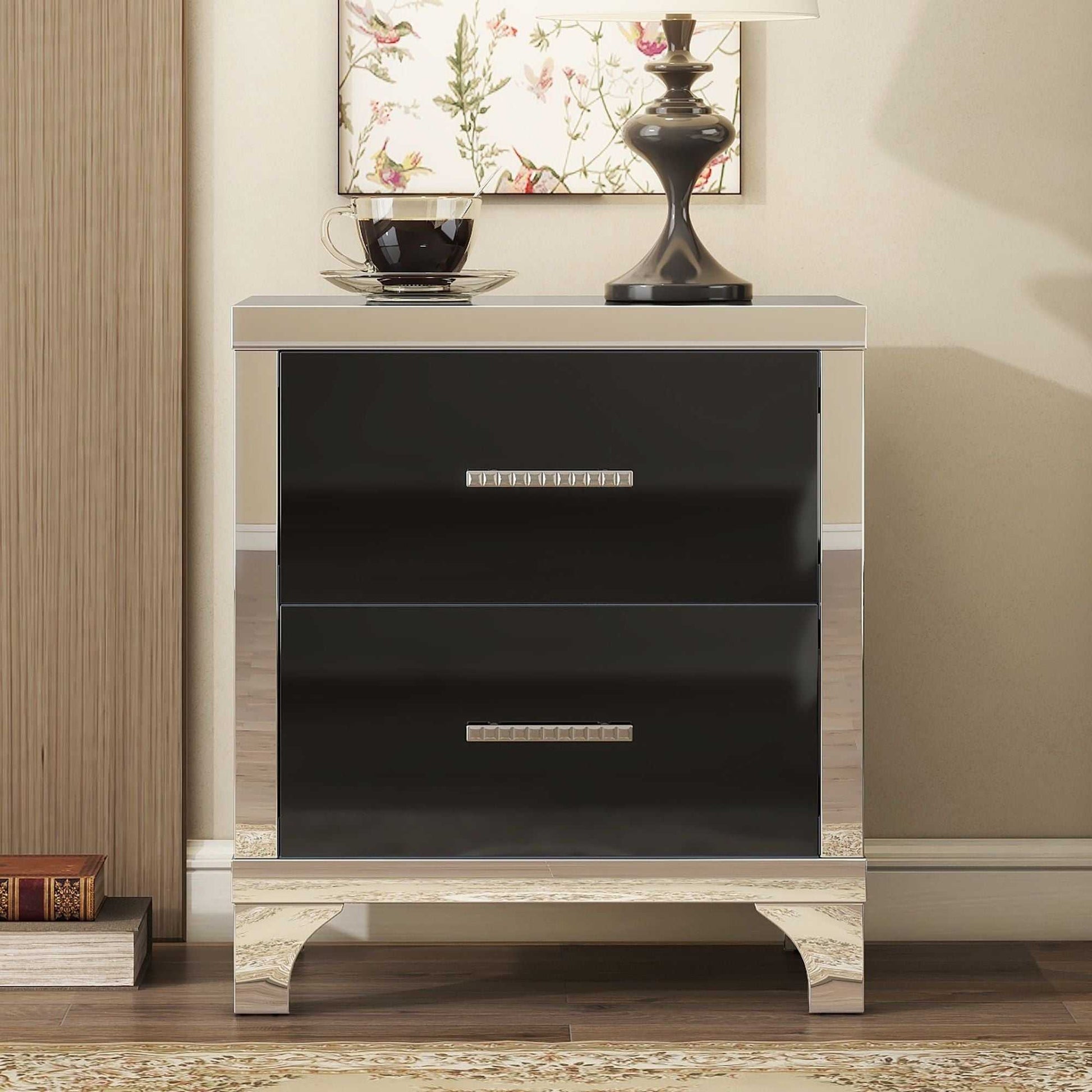 Elegant High Gloss Nightstand with Metal Handle,Mirrored Bedside Table with 2 Drawers for Bedroom,Living Room - luxuryhomedecoridea.com