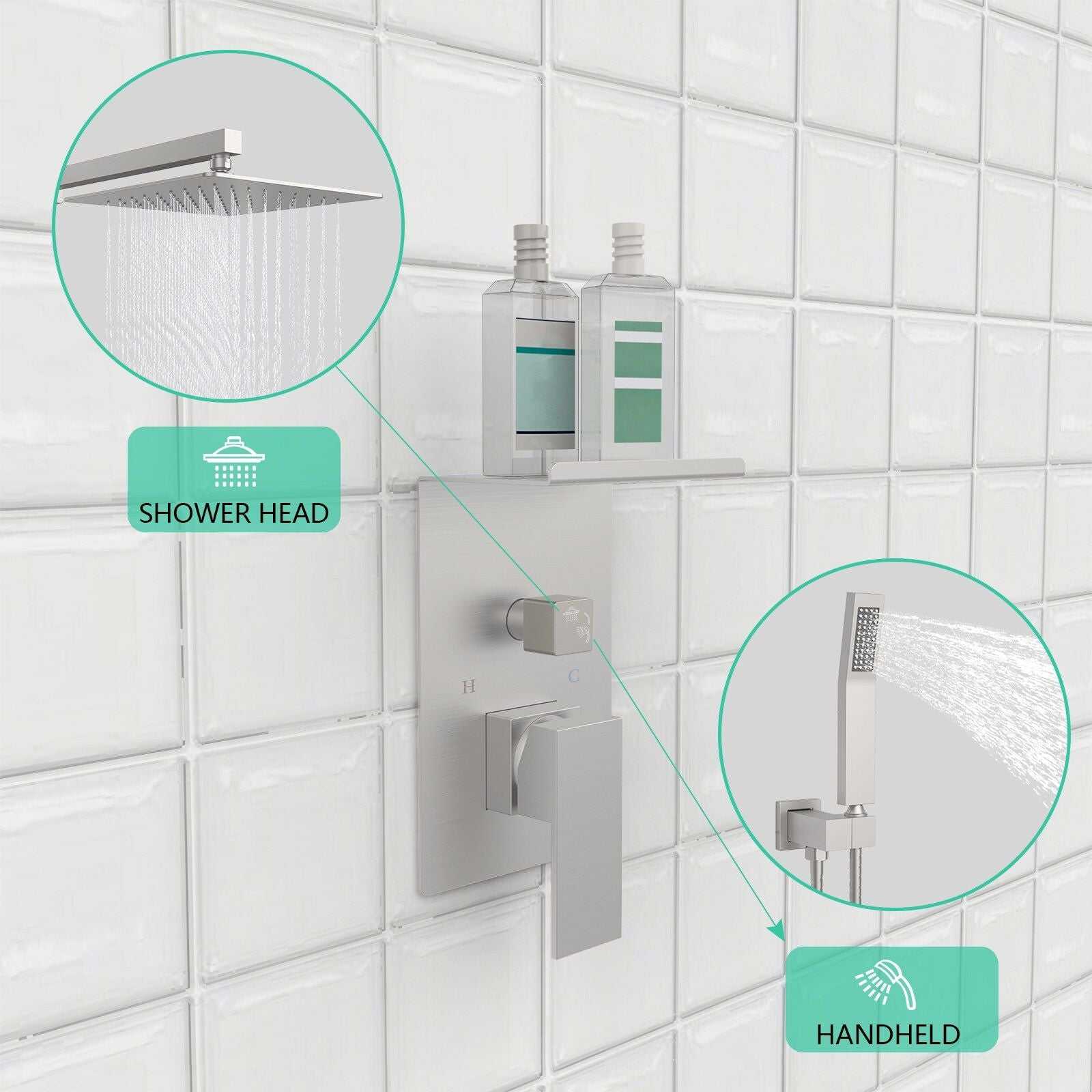 Rainfall Shower System With Storage Rack 10 inch Shower Faucet Set Brushed Nickel with High Pressure with Square Shower Head Luxury Shower Set Wall Mount - luxuryhomedecoridea.com