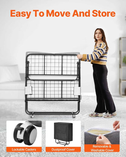 VEVOR Rollaway Bed, 38 in x 75 in Folding Bed with 5 in Mattress, Twin Size Foldable Bed with Sturdy Metal Frame & Memory Foam Mattress, Portable Twin Roll Away Bed with Mattress, for Adults, Guest - luxuryhomedecoridea.com