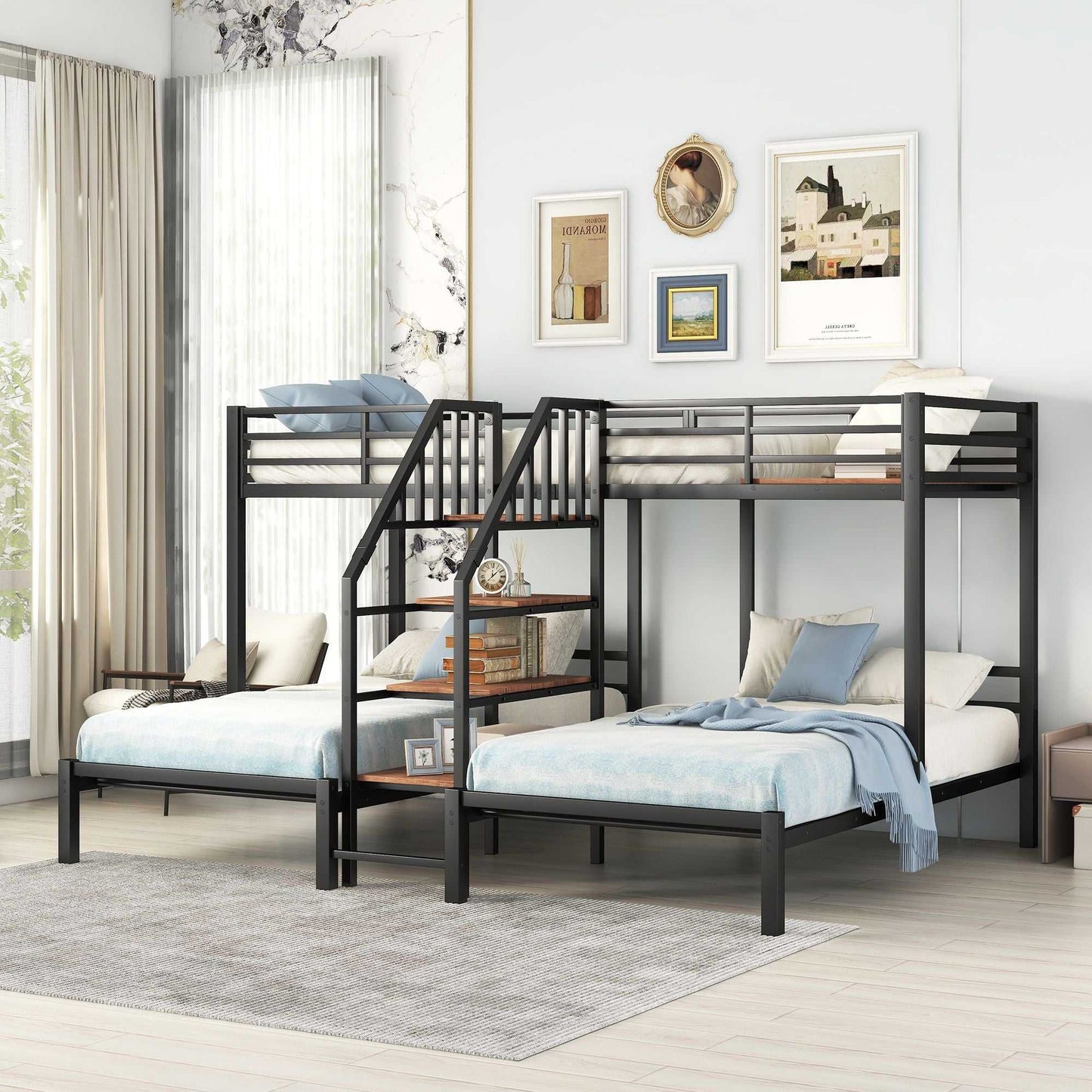 Metal Twin over Twin & Twin Bunk Bed, Triple Bunk Bed with Storage Shelves Staircase, Black - luxuryhomedecoridea.com
