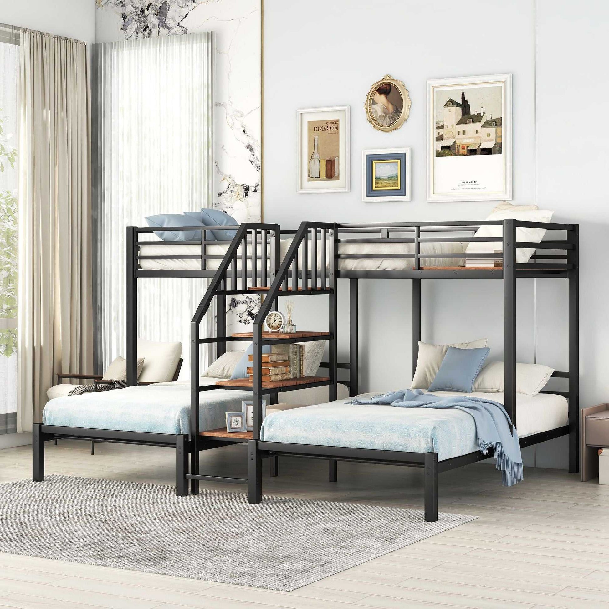 Metal Twin over Twin & Twin Bunk Bed, Triple Bunk Bed with Storage Shelves Staircase, Black - luxuryhomedecoridea.com