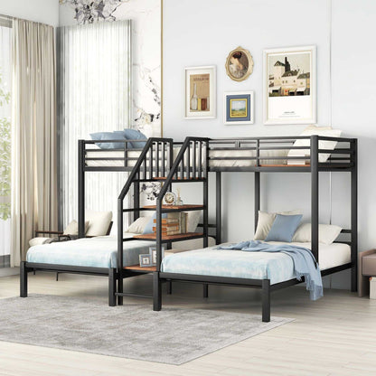 Metal Twin over Twin & Twin Bunk Bed, Triple Bunk Bed with Storage Shelves Staircase, Black - luxuryhomedecoridea.com