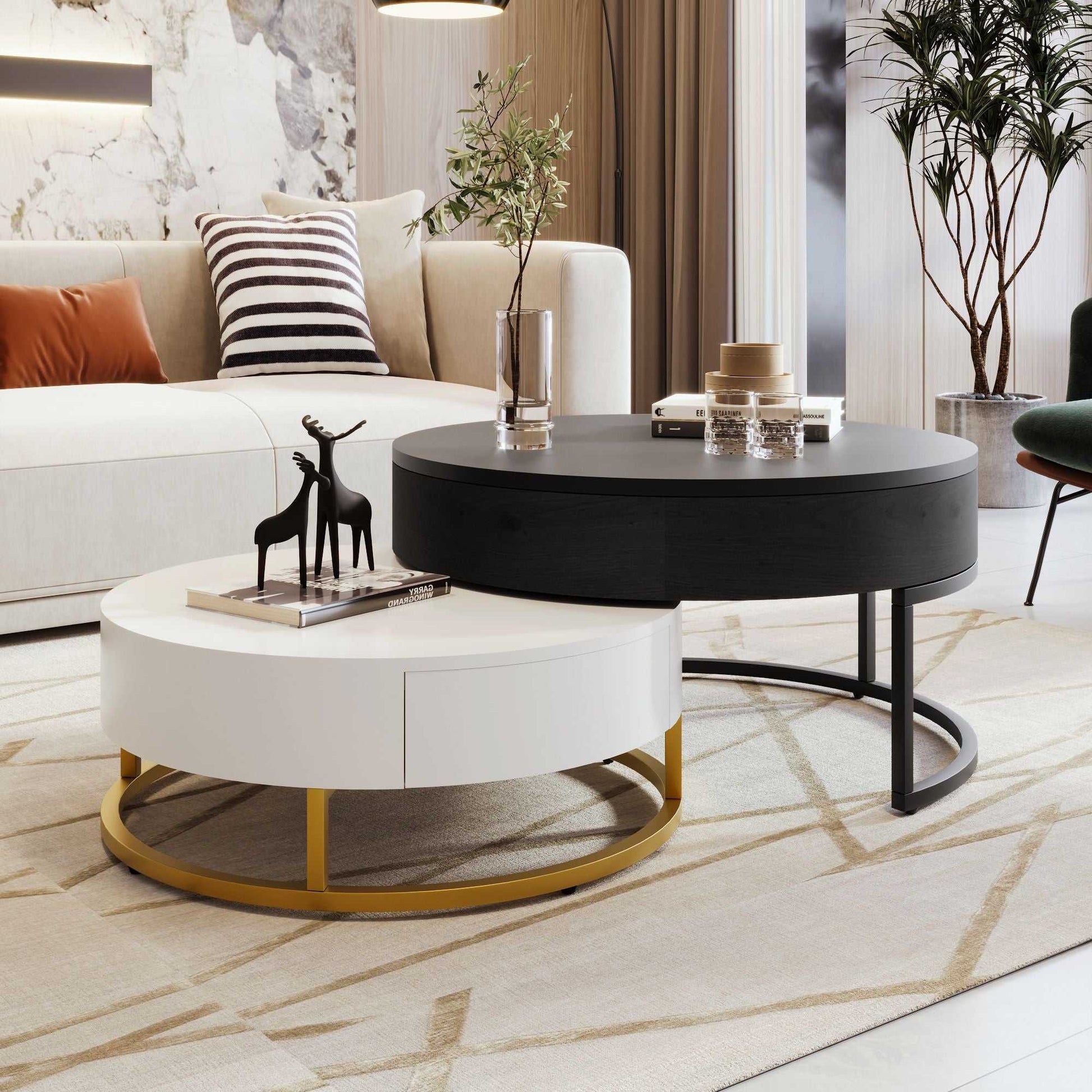 Modern Round Lift-top Nesting Coffee Tables with 2 Drawers - luxuryhomedecoridea.com