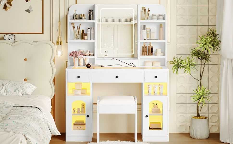 43.2" Vanity Desk with LED Mirror and Lights, Glass Top Vanity with RGB Glass Light Cabinets, Dressing Table with 3 Drawers ,Storage Shelves and Stool for Bedroom - luxuryhomedecoridea.com