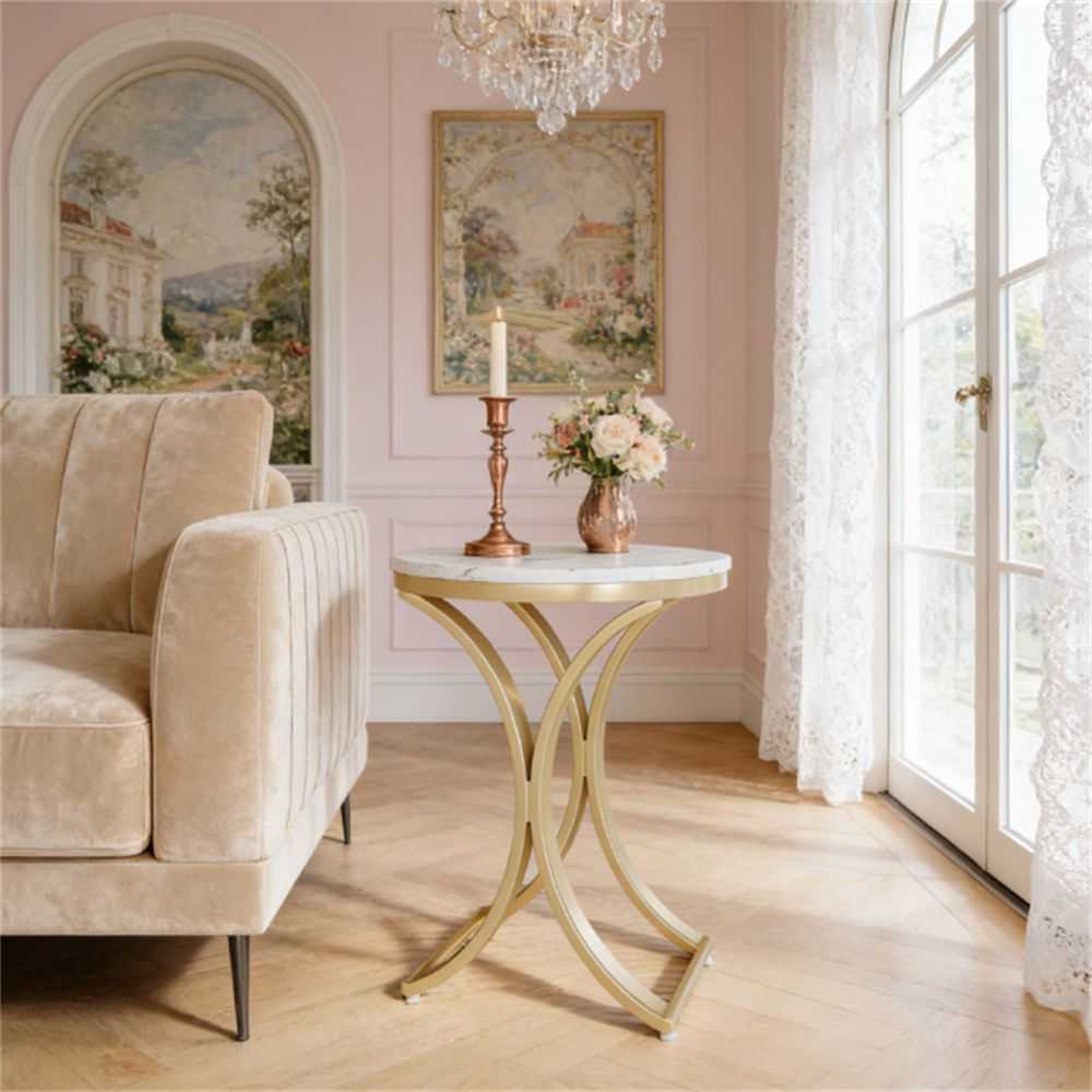 Round Faux Marble End Table - Gold C-Shaped Side Table for Living Room & Bedroom - luxuryhomedecoridea.com