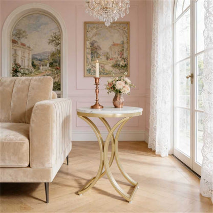 Round Faux Marble End Table - Gold C-Shaped Side Table for Living Room & Bedroom - luxuryhomedecoridea.com