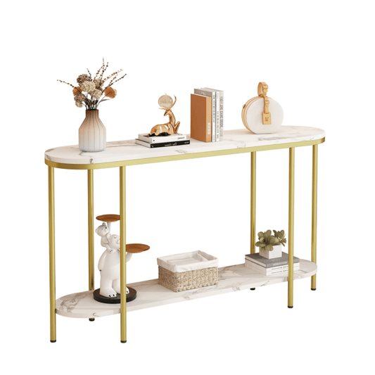2-Tier Oval Console Table, White Faux Marble Top with Gold Metal Frame, Modern Entryway Table with Open Shelf, 42.1"×11.4"×30.5" Narrow Sofa Table for Hallway, Living Room & Foyer - luxuryhomedecoridea.com