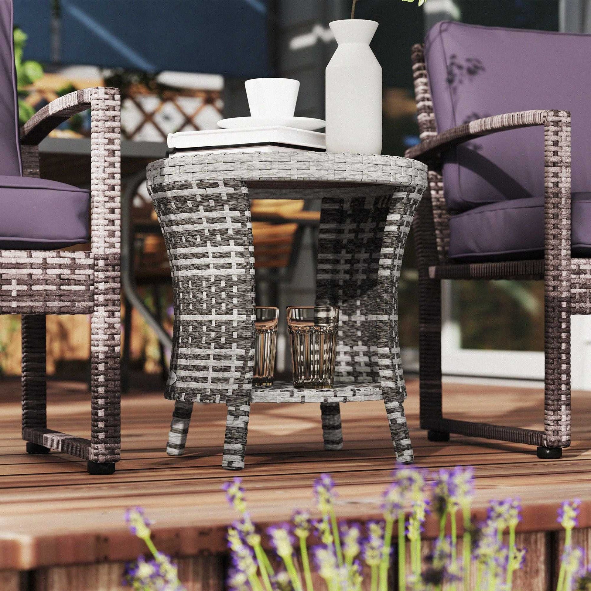 18" Wicker Outdoor Coffee Table, PE Rattan Patio Side Table with 2-Tier Storage, Composite Wood Top, Mixed Gray - luxuryhomedecoridea.com