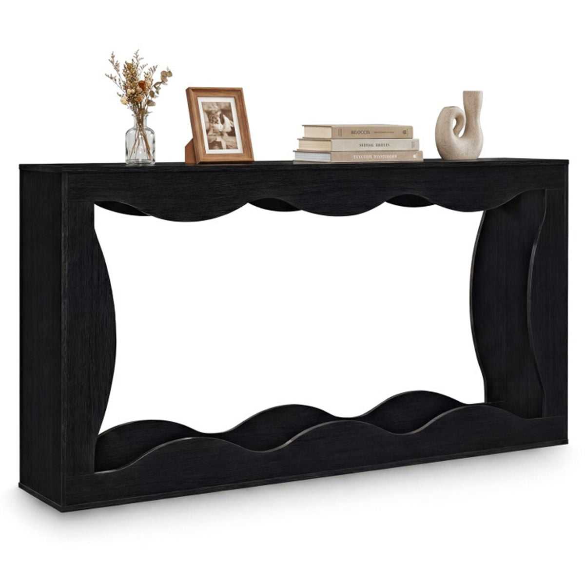 63" Narrow Console Table with Wavy Hollow Design, 2-Tier Extra Long Entryway Table with Storage Shelf - Black - luxuryhomedecoridea.com