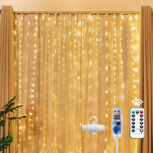 300 LED Fairy Curtain Lights, 9.8ft x 9.8ft Warm White Curtain String Lights, USB Plug in 8 Lighting Modes Christmas Decoration, Hanging Lights with Remote for Bedroom Indoor Weddings Dorm luxury home decor