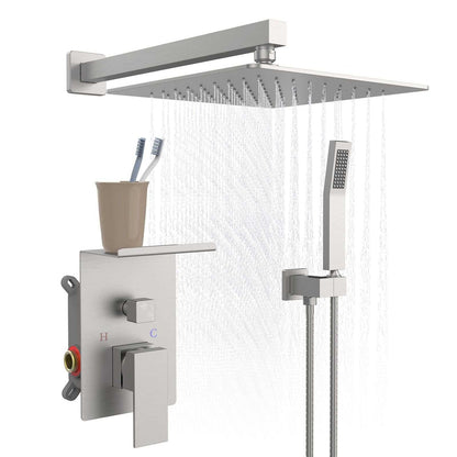 Rainfall Shower System With Storage Rack 10 inch Shower Faucet Set Brushed Nickel with High Pressure with Square Shower Head Luxury Shower Set Wall Mount - luxuryhomedecoridea.com