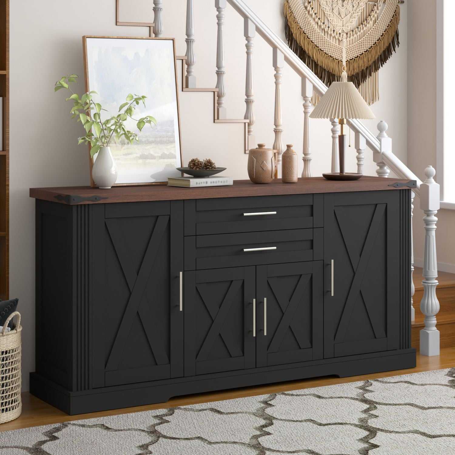 63" Farmhouse Barn Door Storage Cabinet with 2 Drawers & Door Rack, Large Buffet Table Coffee Bar Cabinets with Adjustable Shelves for Kitchen, Living Room, Entryway, Dining Room, Black - luxuryhomedecoridea.com