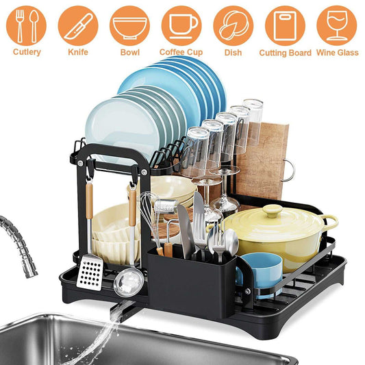 2-Tier Dish Drying Rack for Kitchen Counter Space Saving Rustproof Dish Rack with Drainboard Detachable Kitchen Drainer Organizer Set - luxuryhomedecoridea.com
