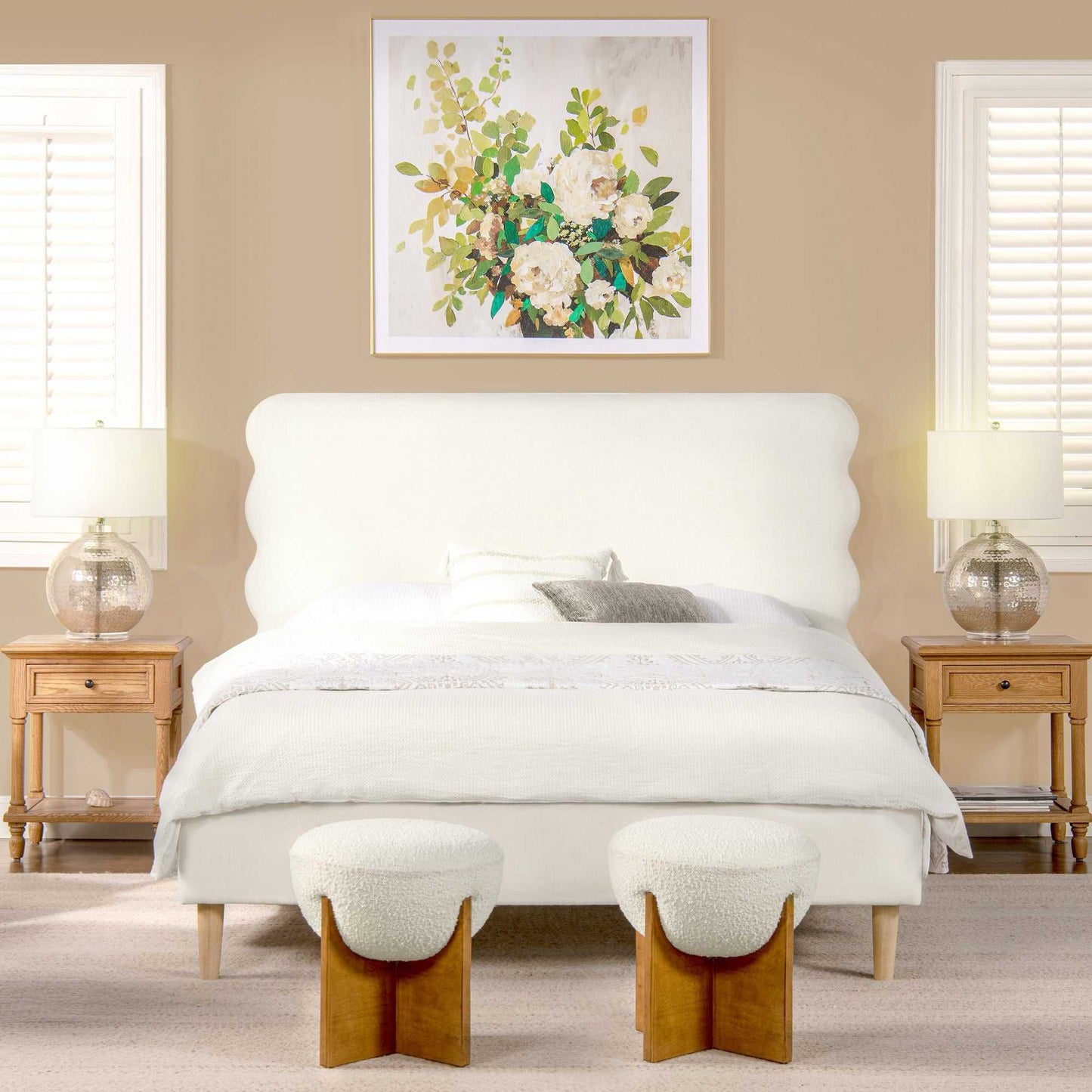 Scandinavian Chic Queen Bed with Wavy Headboard in Antique White Polyester - luxuryhomedecoridea.com