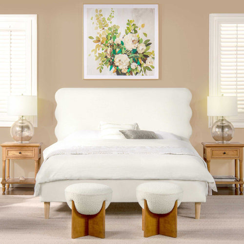 Scandinavian Chic Queen Bed with Wavy Headboard in Antique White Polyester - luxuryhomedecoridea.com