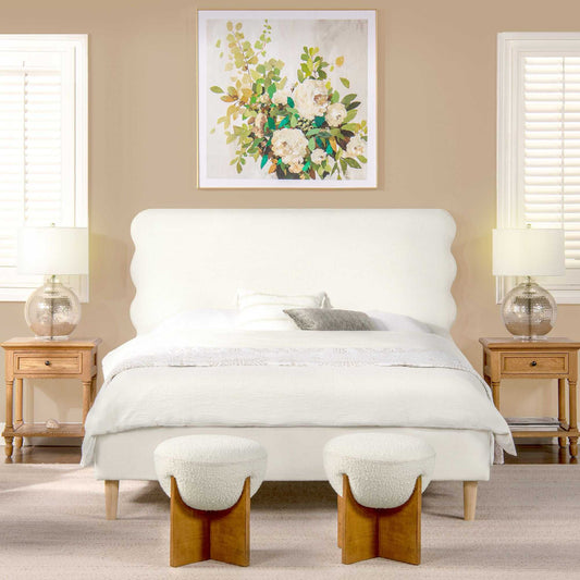 Scandinavian Chic Queen Bed with Wavy Headboard in Antique White Polyester - luxuryhomedecoridea.com