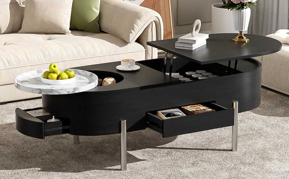 U-Can 47.2''Lift Top Coffee Table with 360-degree Marble-patterned rotating tray,Hidden Compartment, Partially Assembled Wooden Center Table, Modern Oval Lift Tabletop for Home Living Room - luxuryhomedecoridea.com
