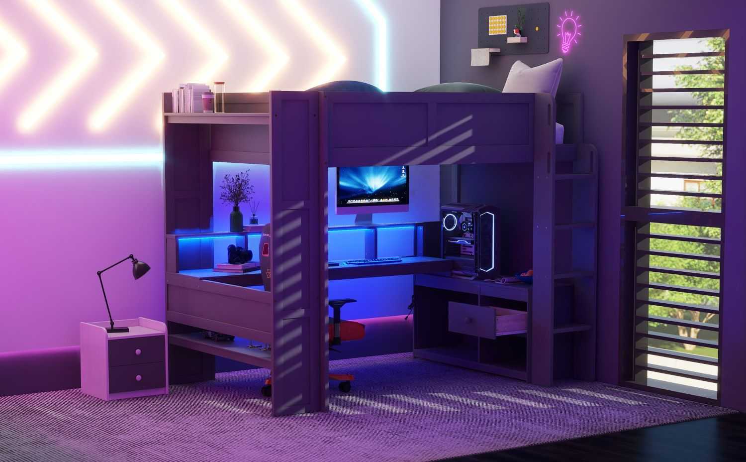 Wood Full Size Gaming Loft Bed with Desk, Multi-storage Shelves, LED and Charging Station, Dark Gray(Old SKU:SM000374AAE) - luxuryhomedecoridea.com