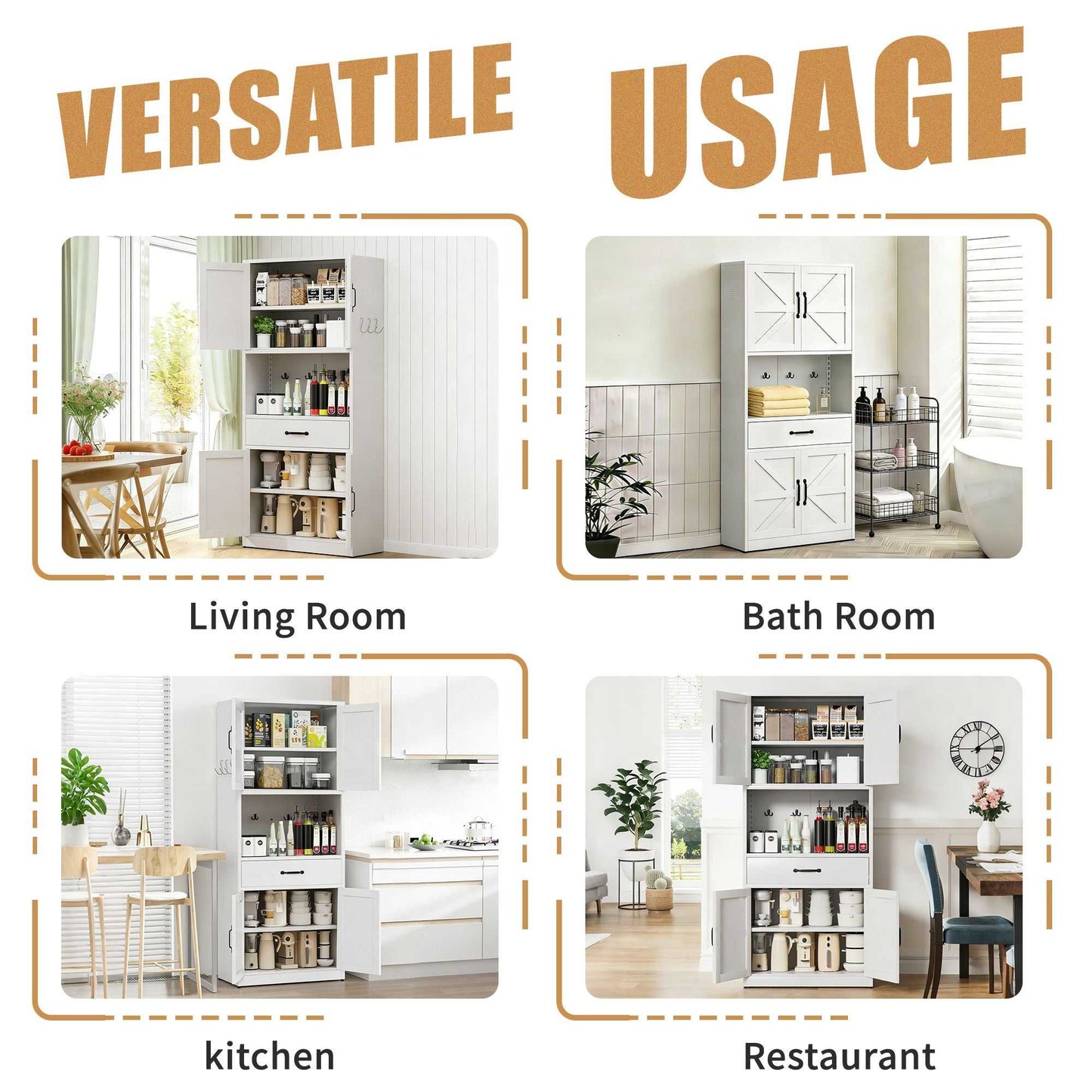 71 "High White Steel Kitchen Pantry Storage Cabinet with Large Countertop, Adjustable Shelves, Drawers and Hooks, Heavy-duty Modern Style Cabinet - luxuryhomedecoridea.com