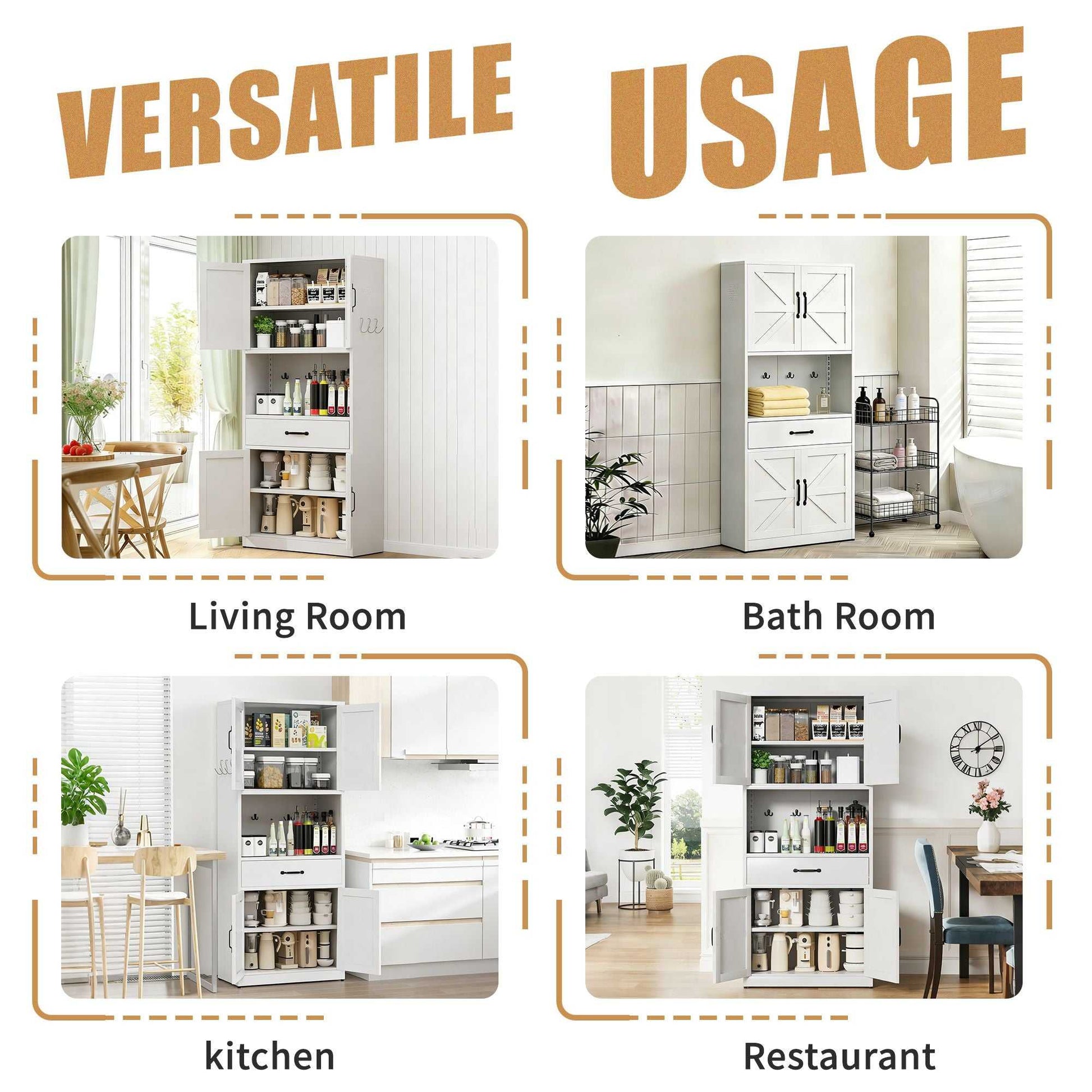 71 "High White Steel Kitchen Pantry Storage Cabinet with Large Countertop, Adjustable Shelves, Drawers and Hooks, Heavy-duty Modern Style Cabinet - luxuryhomedecoridea.com