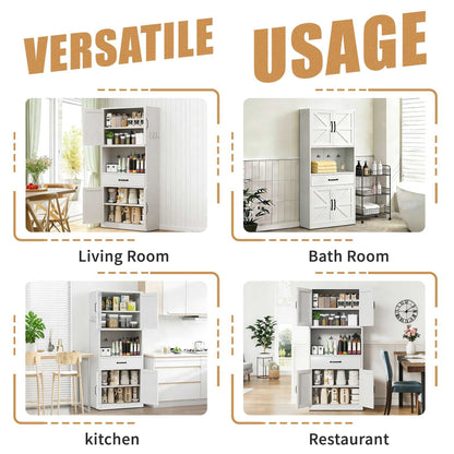 71 "High White Steel Kitchen Pantry Storage Cabinet with Large Countertop, Adjustable Shelves, Drawers and Hooks, Heavy-duty Modern Style Cabinet - luxuryhomedecoridea.com