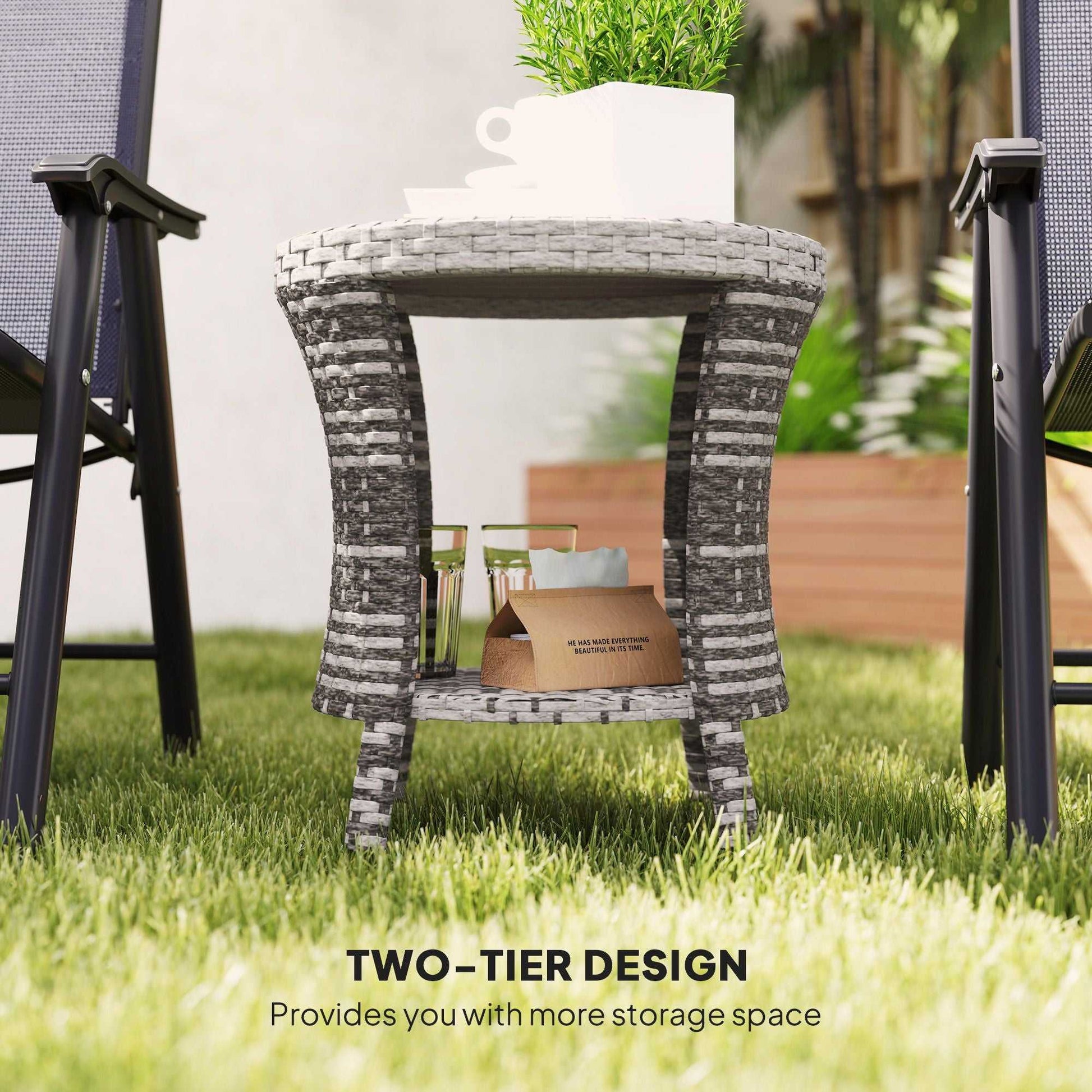 18" Wicker Outdoor Coffee Table, PE Rattan Patio Side Table with 2-Tier Storage, Composite Wood Top, Mixed Gray - luxuryhomedecoridea.com