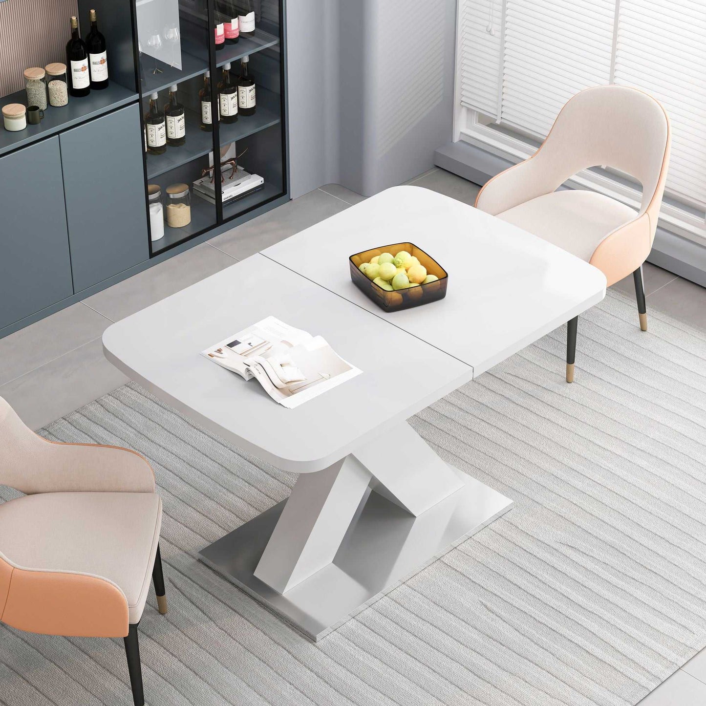 Modern Square Dining Table, Stretchable, White Table Top+MDF X-Shape Table Leg with Metal Base - luxuryhomedecoridea.com