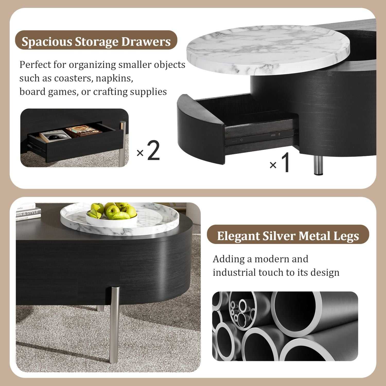 U-Can 47.2''Lift Top Coffee Table with 360-degree Marble-patterned rotating tray,Hidden Compartment, Partially Assembled Wooden Center Table, Modern Oval Lift Tabletop for Home Living Room - luxuryhomedecoridea.com