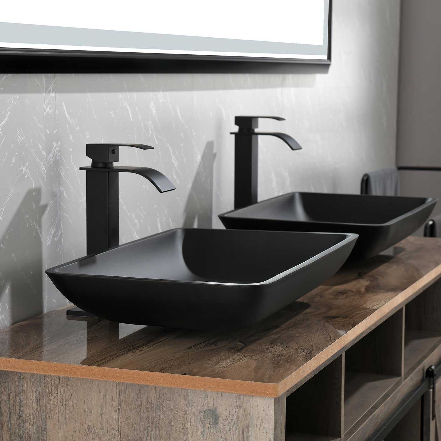 14.38" L -22.25" W -4-3/8 in. H Matte Shell Glass Rectangular Vessel Bathroom Sink in Black with Faucet and Pop-Up Drain in Matte Black - luxuryhomedecoridea.com