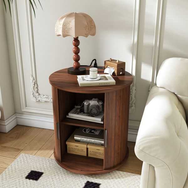Mid Century Modern Cylinder End Table with Built-in Charging Station & Sliding Door, 2-Tier Storage Round Nightstand with USB Ports, Walnut Bedside Table for Living Room, Bedroom, Entryway - luxuryhomedecoridea.com