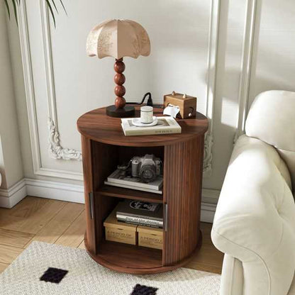 Mid Century Modern Cylinder End Table with Built-in Charging Station & Sliding Door, 2-Tier Storage Round Nightstand with USB Ports, Walnut Bedside Table for Living Room, Bedroom, Entryway - luxuryhomedecoridea.com