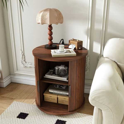 Mid Century Modern Cylinder End Table with Built-in Charging Station & Sliding Door, 2-Tier Storage Round Nightstand with USB Ports, Walnut Bedside Table for Living Room, Bedroom, Entryway - luxuryhomedecoridea.com
