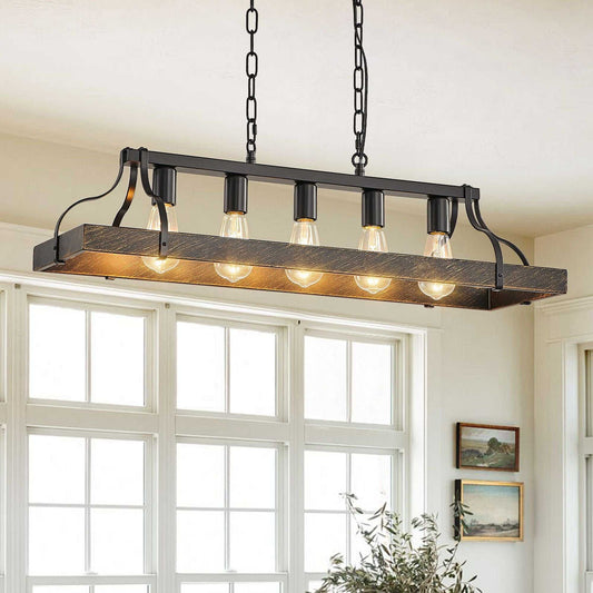 33.7-Inch Black and Gold Vintage Pendant Light, 5 E26 Bulb Sockets, Adjustable Chain Height – Antique Style Chandelier for Dining Room, Kitchen, or Living Room (Bulb Not Included) - luxuryhomedecoridea.com