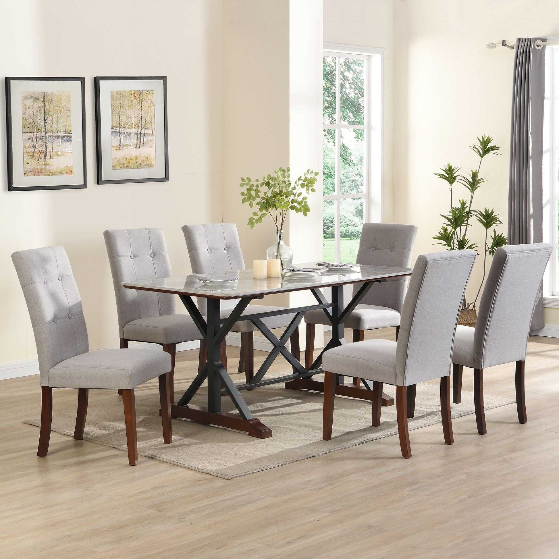 7-piece Modern Dining Table Set, Gray Sintered Stone Dining Table with 6 Tufted Upholstered Chairs, 63-inch Rectangle Dining Table for Dining Room - luxuryhomedecoridea.com