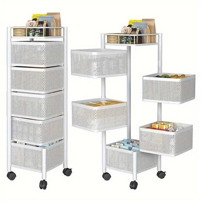 Rotating Kitchen Storage Shelf 5 Tier, Metal Fruit Vegetable Storage Basket Multi-Layer Vegetable Rack Storage Trolley on Wheels, Floor-Standing Basket for Kitchen Bathroom, Square - luxuryhomedecoridea.com