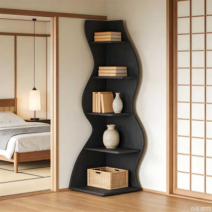 Wave shaped corner shelves, modern corner bookshelves, bookcases, display stands, and plant racks are suitable for small spaces - luxuryhomedecoridea.com