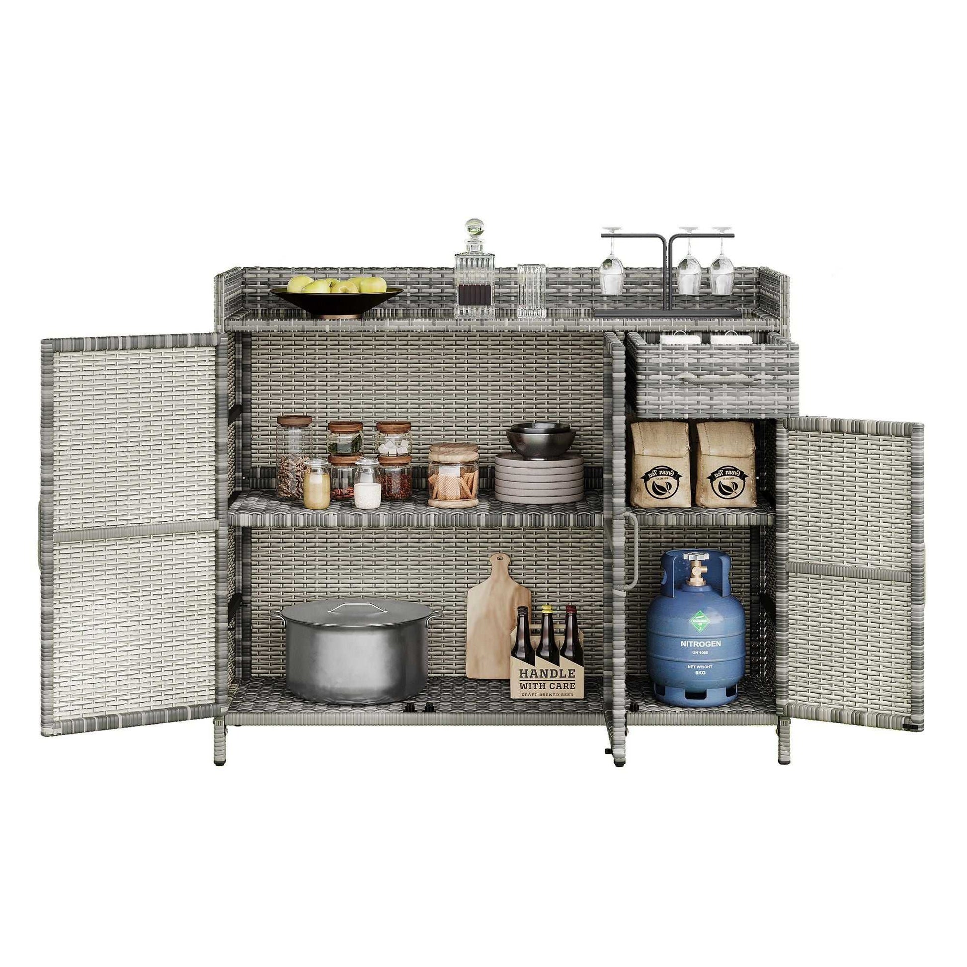 47.5"W Wicker Outdoor Storage Cabinet with Tempered Glass Desktop, Weather-proof Rattan Bar Table with Three Doors, Adjustable Shelf, and One Drawer, for Outdoor Cushions, Pool Toys - luxuryhomedecoridea.com