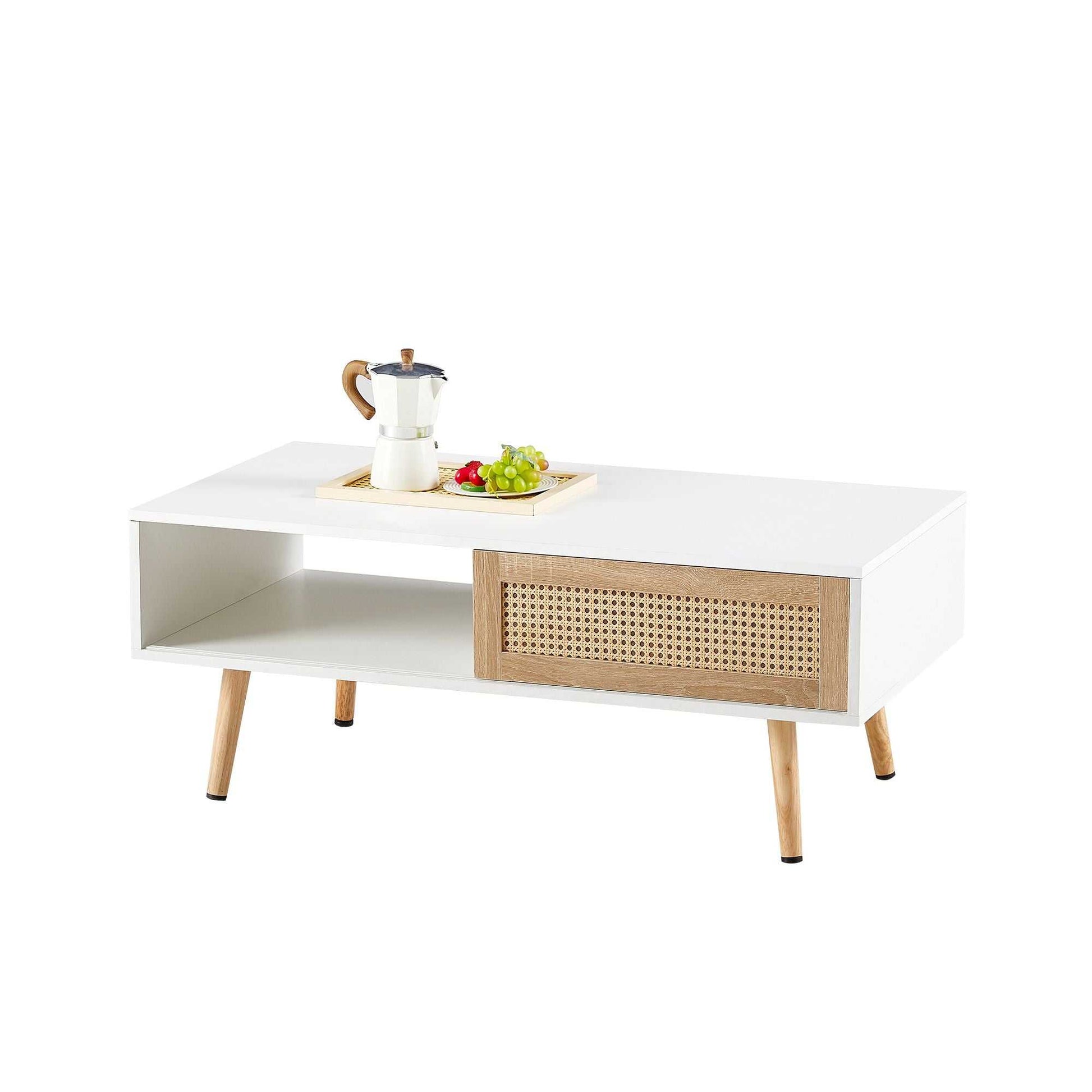 41.34" Rattan Coffee table, sliding door for storage, solid wood legs, Modern table for living room - luxuryhomedecoridea.com