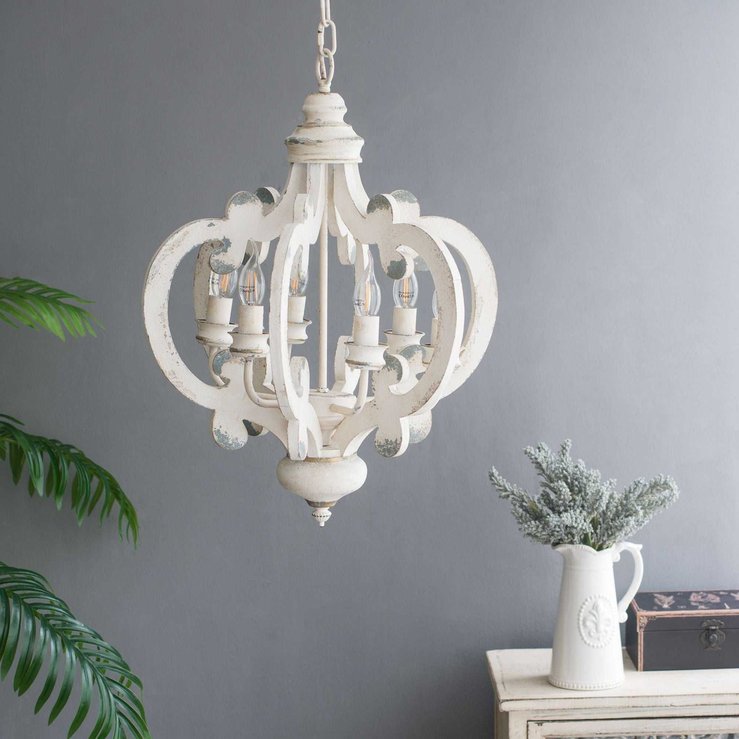 French Country Wood Chandelier, 6-Light Farmhouse Pendant Light Fixture with Adjustable Chain for Kitchen Foyer Hallway Entryway, Bulb Not Included - luxuryhomedecoridea.com