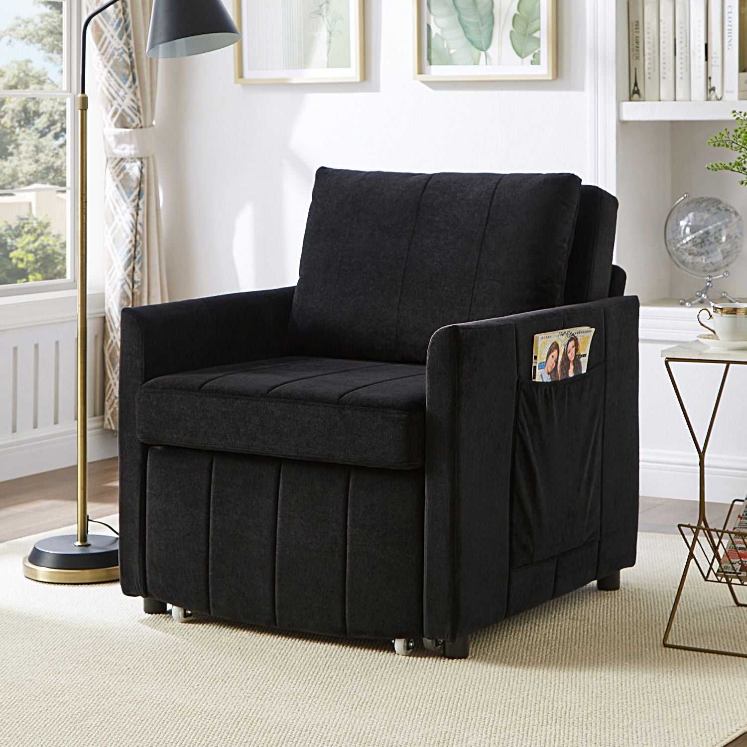 Upholstered Convertible Sleeper Sofa, 31.5" Pull Out Sofa Bed with 5-Position Adjustable Backrest, Side Pockets and a Storage Basket, Fold Out Chair Bed, Lounger For Living Room, Apartment, Black - luxuryhomedecoridea.com