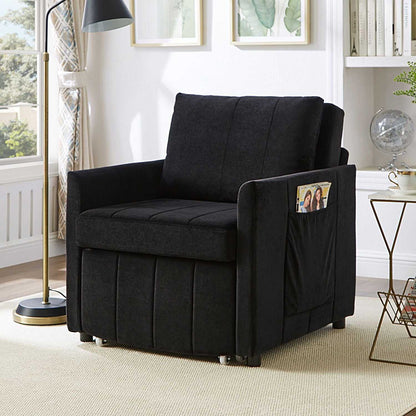 Upholstered Convertible Sleeper Sofa, 31.5" Pull Out Sofa Bed with 5-Position Adjustable Backrest, Side Pockets and a Storage Basket, Fold Out Chair Bed, Lounger For Living Room, Apartment, Black - luxuryhomedecoridea.com