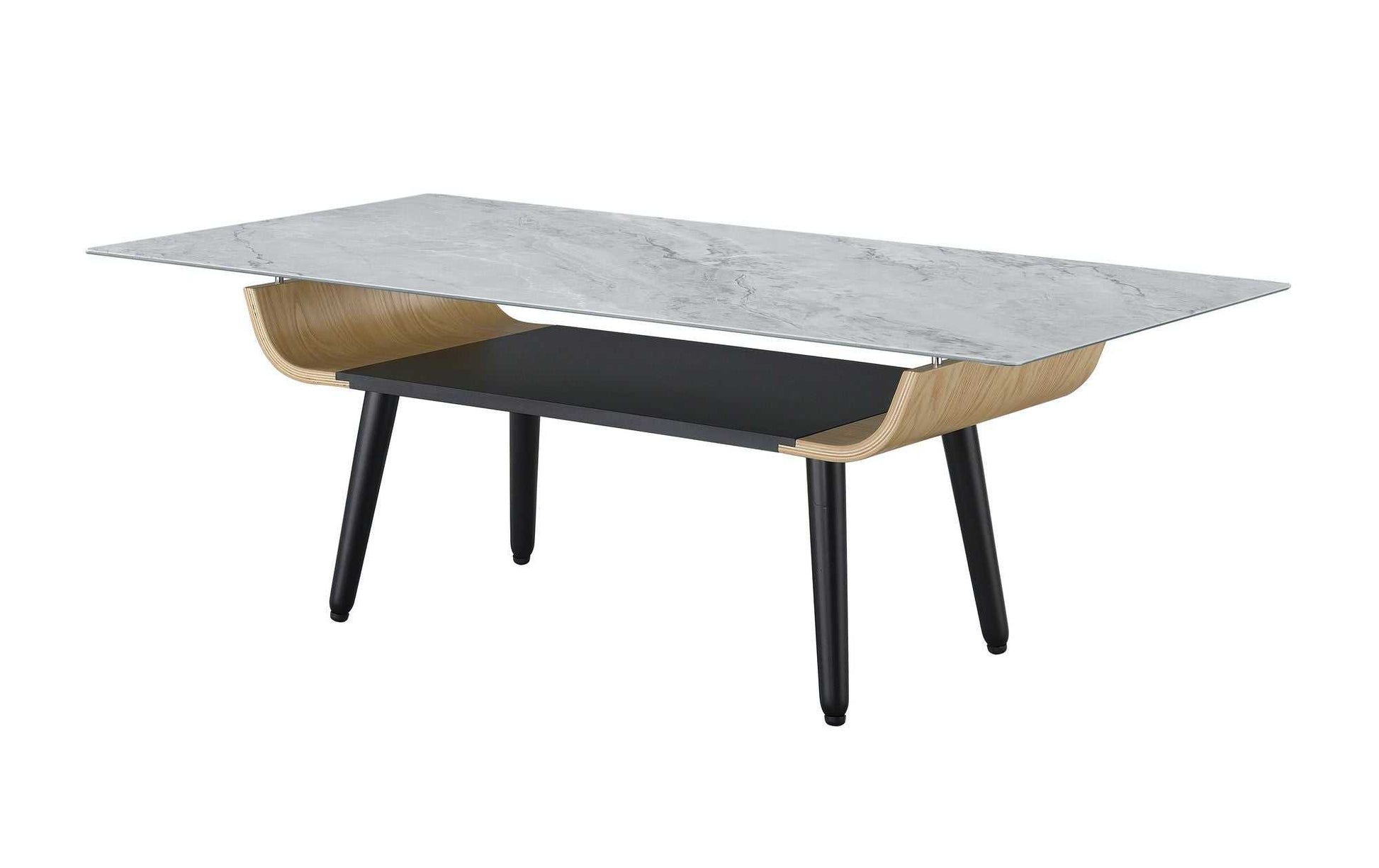Landon 47" Coffee Table with Glass Gray Marble Texture Top and Bent Wood Design - luxuryhomedecoridea.com