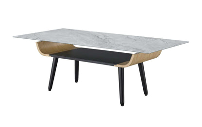 Landon 47" Coffee Table with Glass Gray Marble Texture Top and Bent Wood Design - luxuryhomedecoridea.com