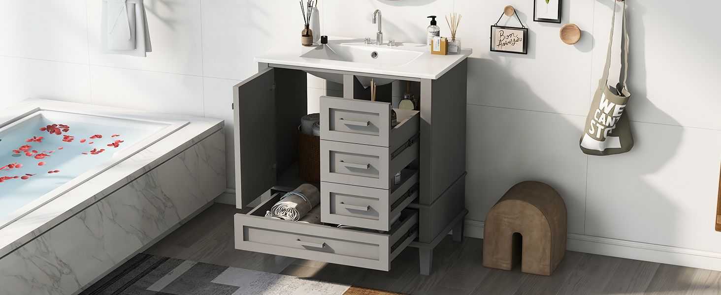 30" Bathroom Vanity , Modern Bathroom Cabinet with Sink Combo Set, Bathroom Storage Cabinet with a Soft Closing Door and 3 Drawers, Solid Wood Frame - luxuryhomedecoridea.com