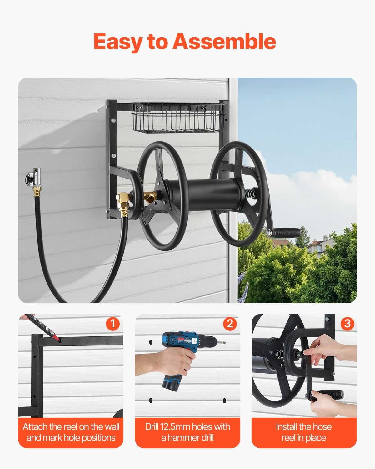 VEVOR Wall Mounted Garden Hose Reel, Holds 125 ft 5/8-inch Hose, Heavy-Duty Water Hose Winder, Space-Saving Design, Outdoor Manual Reel with Brass Fitting and Storage Basket for Yard Lawn - luxuryhomedecoridea.com