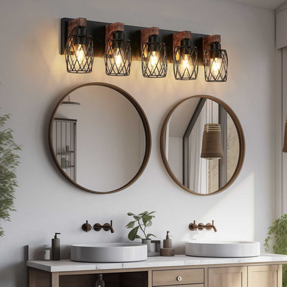 31" Industrial Vintage 5-Light Wall Sconce - Black Cage Wall Lighting Fixture with Wooden Accents for Bathroom, Hallway, or Living Room (Bulb Not Included) - luxuryhomedecoridea.com