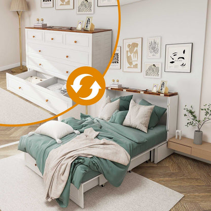 Queen Size Murphy Bed Frame with Drawers Murphy Chest Bed with Charging Station, 2 USB Ports Mobile Murphy Bed Sleeping Arrangement for Multipurpose Area for Bedroom Living Room Guest Room White&Wood - luxuryhomedecoridea.com