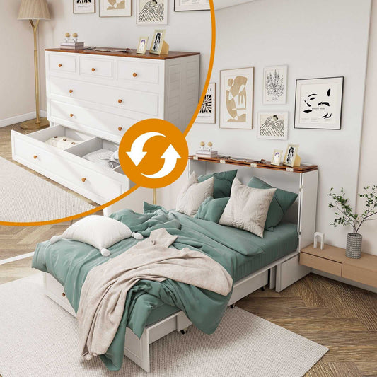 Queen Size Murphy Bed Frame with Drawers Murphy Chest Bed with Charging Station, 2 USB Ports Mobile Murphy Bed Sleeping Arrangement for Multipurpose Area for Bedroom Living Room Guest Room White&Wood - luxuryhomedecoridea.com