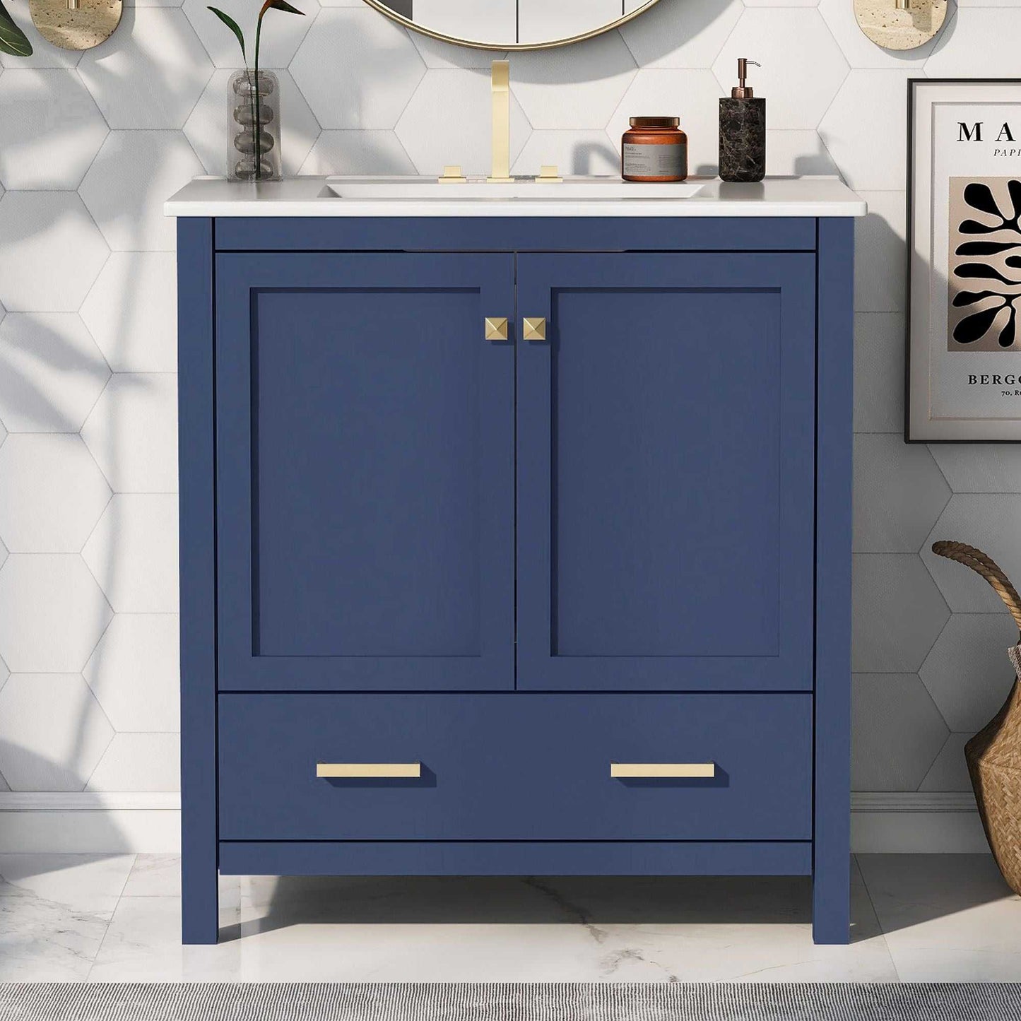 30" Bathroom Vanity with Single Sink, Combo Cabinet Undermount Sink, Bathroom Storage Cabinet with 2 Doors and a Drawer, Soft Closing, Multifunctional Storage, Solid Wood Frame - luxuryhomedecoridea.com