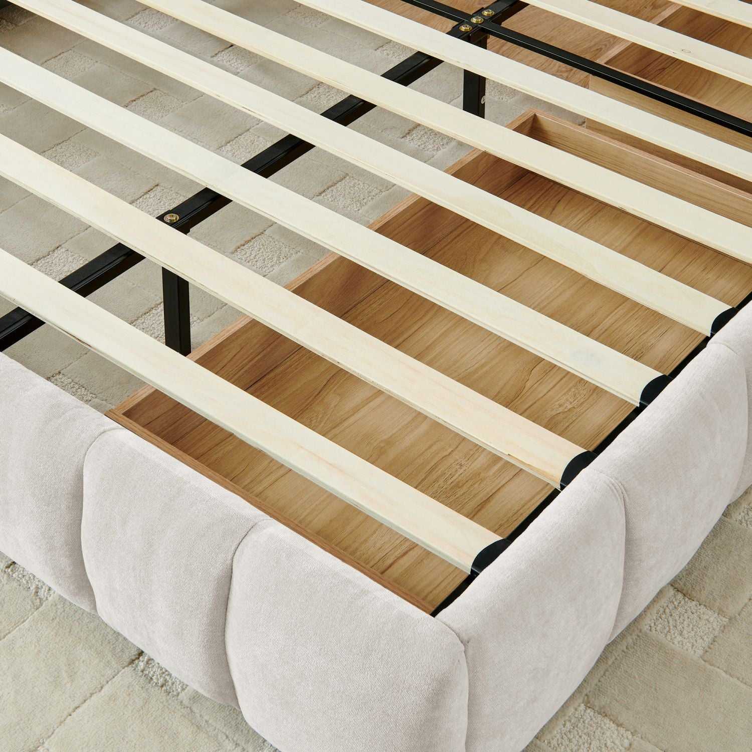 King Size Upholstered Bed ,comfortable upholstered bed frame, Chenille fabric, with headboard and solid bed frame. With drawer for storage.-Beige(88.5''*85.5''*31'') - luxuryhomedecoridea.com